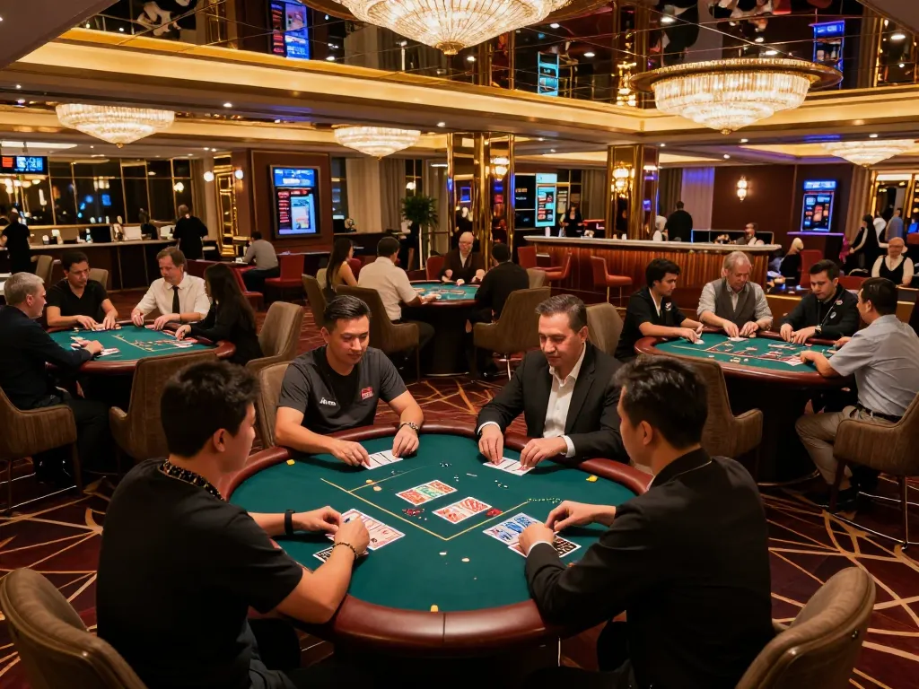 Engaged players strategizing at NK88 casino poker table in luxurious gaming lounge.