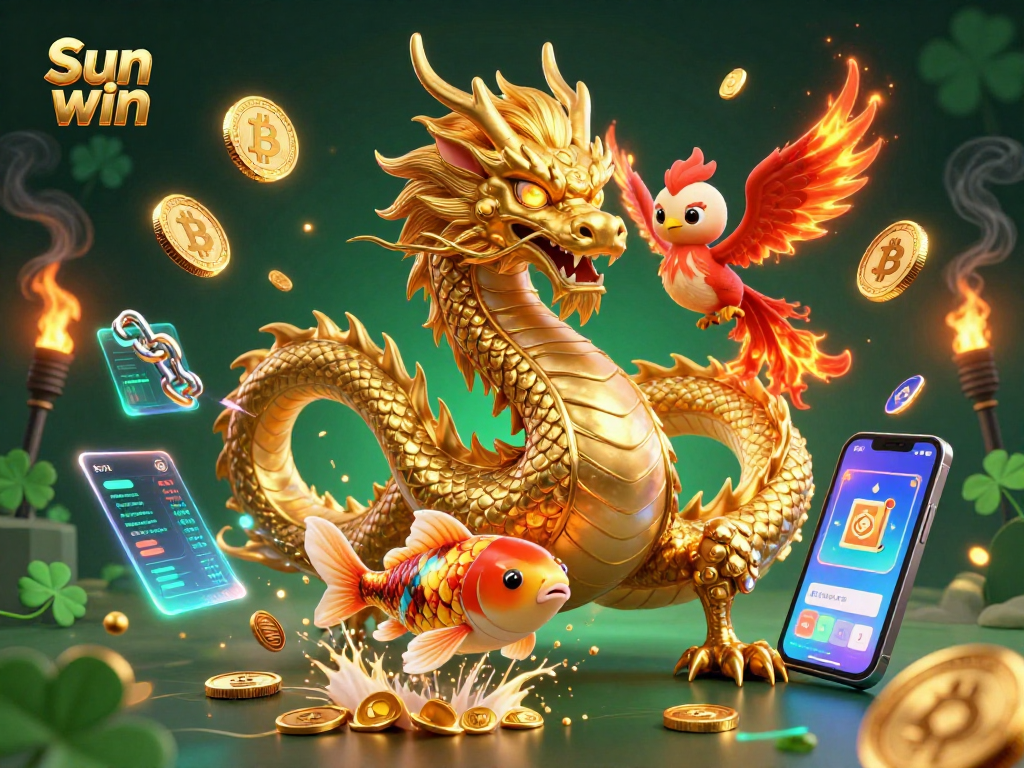 Engage with Sun win for thrilling gameplay featuring a golden dragon, phoenix, and koi, amidst vibrant casino elements.