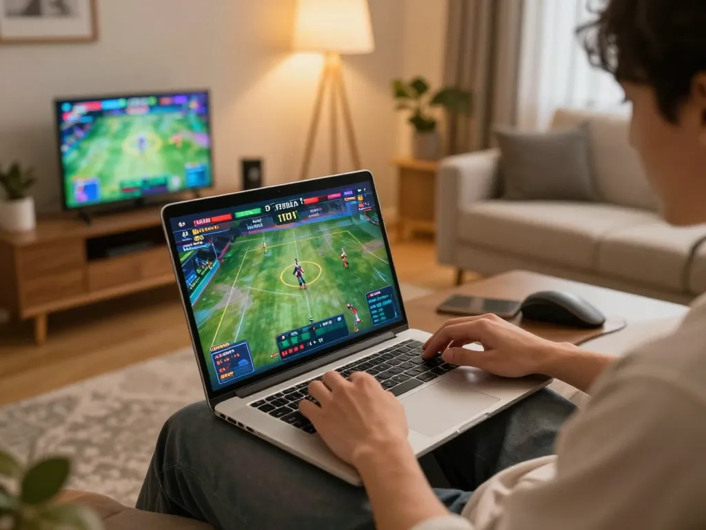 Engaging in sports betting at trang chủ lc88 with a modern laptop in a cozy home setting