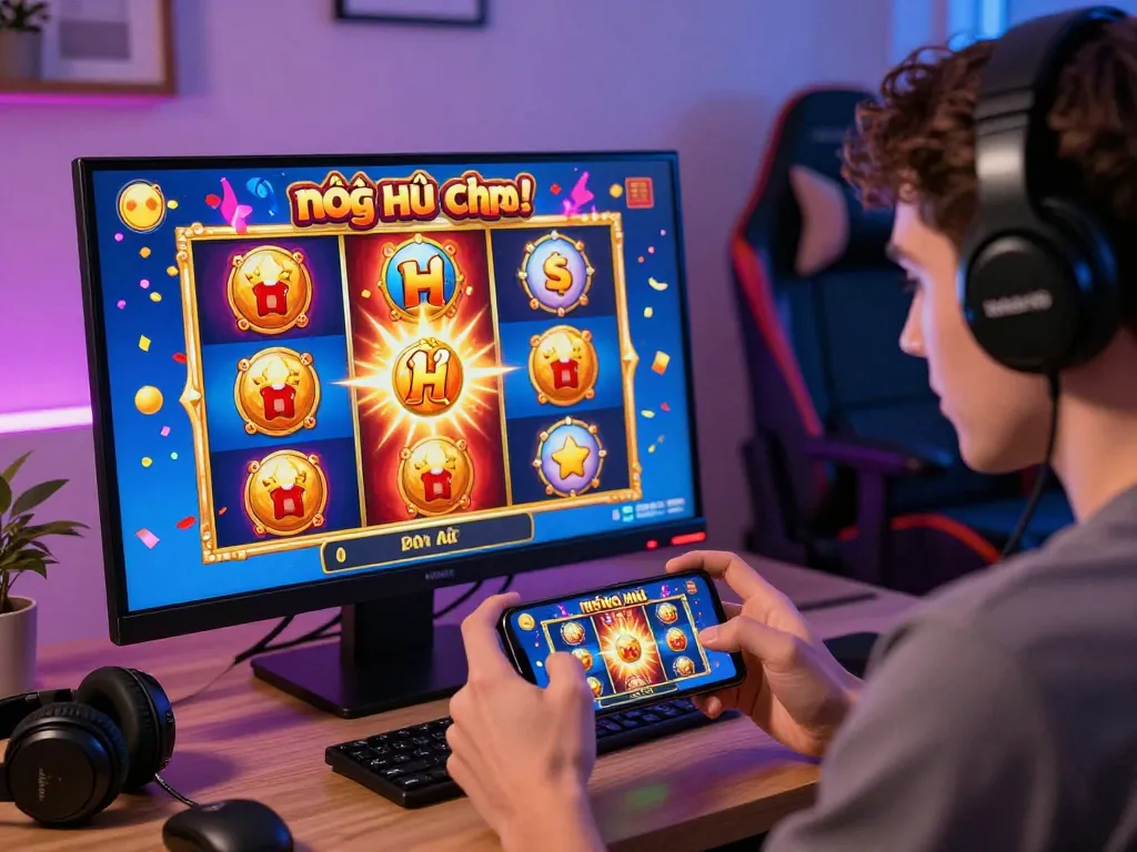 Exciting nổ hũ đổi thưởng gaming scene with a user enjoying slot games on a smartphone amidst vibrant digital graphics.