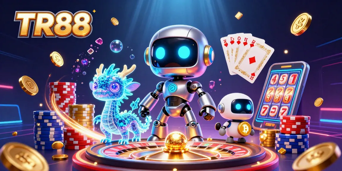 Experience the excitement of TR88 with a dynamic 3D casino scene featuring vibrant characters and game elements.
