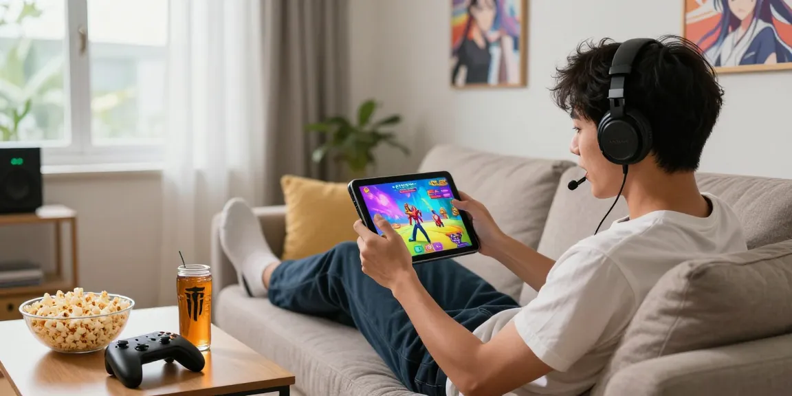 Engaged gamer playing a mobile hentai game on a tablet in a cozy living room setting.