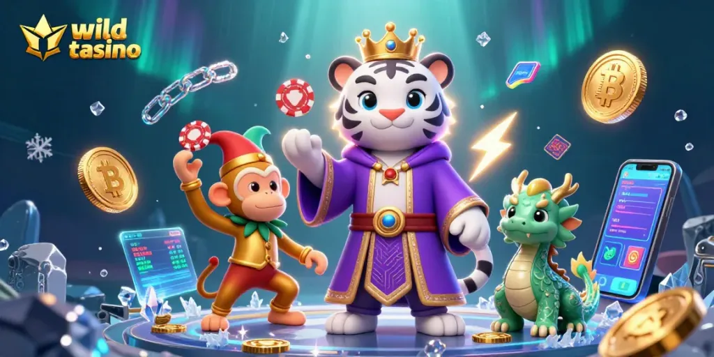 Win at wild tokyo casino with a vivid 3D scene featuring a royal tiger, monkey, and jade dragon.