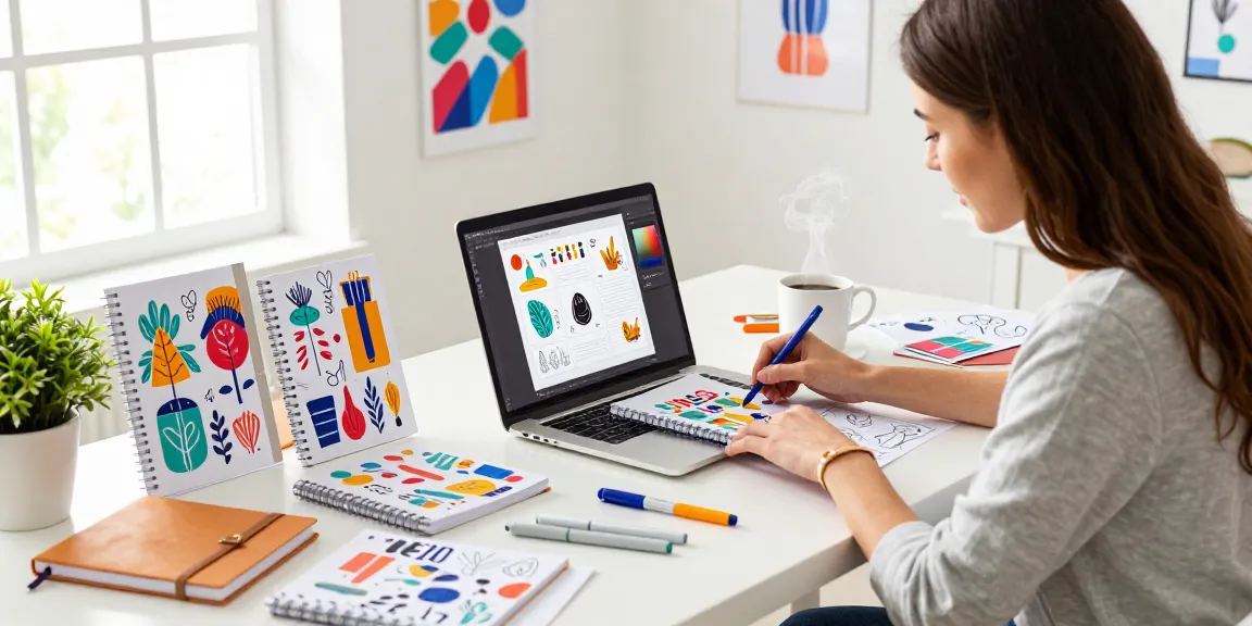 Creating custom printed notebooks with vibrant designs in a trendy workspace filled with inspiration.