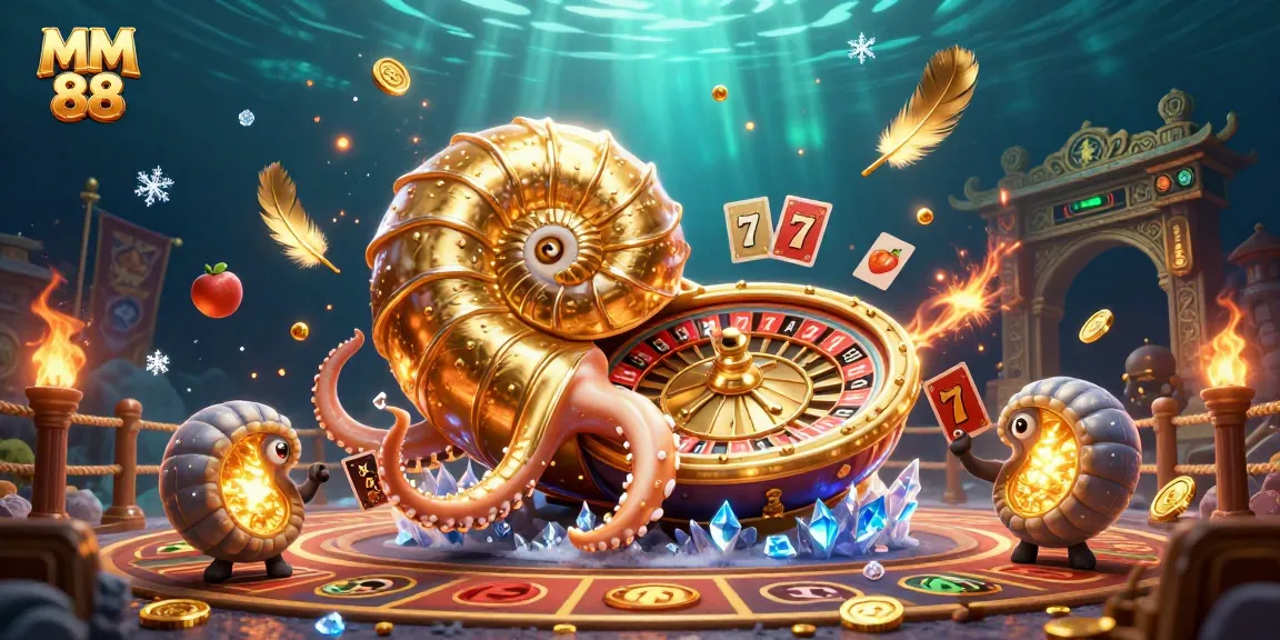 Engage this exciting MM 88 gaming scene with a nautilus roulette wheel and card hands illuminating the underwater world.