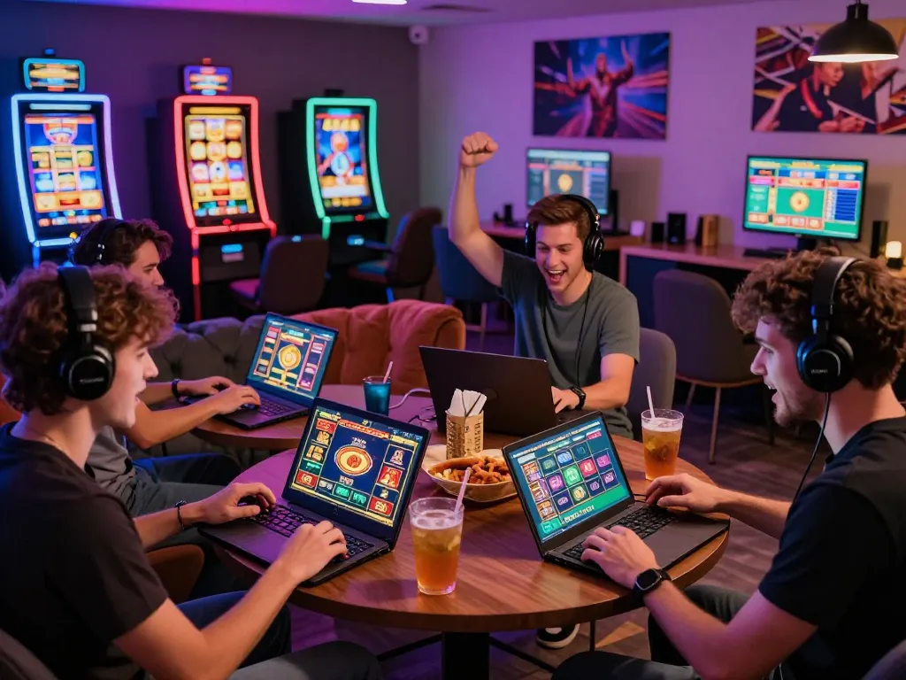 Nohu90 online gaming experience with friends enjoying live casino games in a cozy lounge setting.