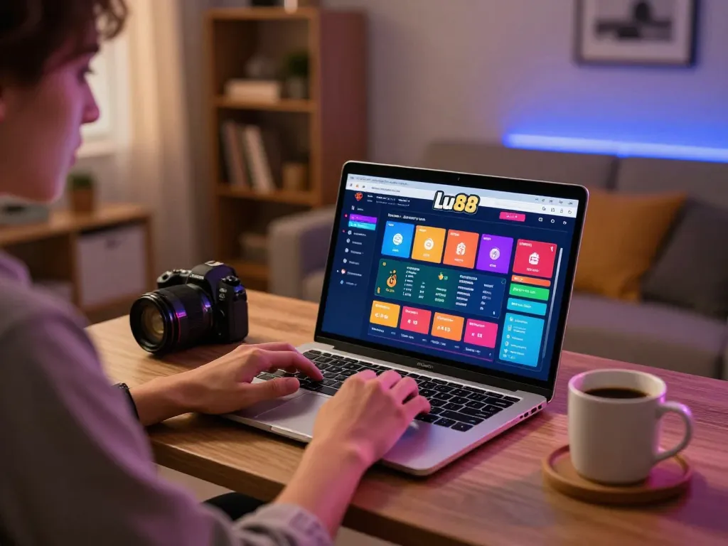 Player engaging with Lu88 online casino interface, showcasing a dynamic betting atmosphere at home.