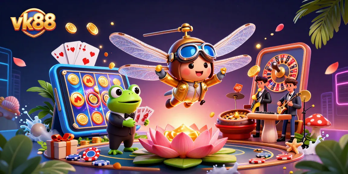 Join the excitement at vk88 with a vibrant casino scene featuring a dragonfly pilot and a frog croupier.