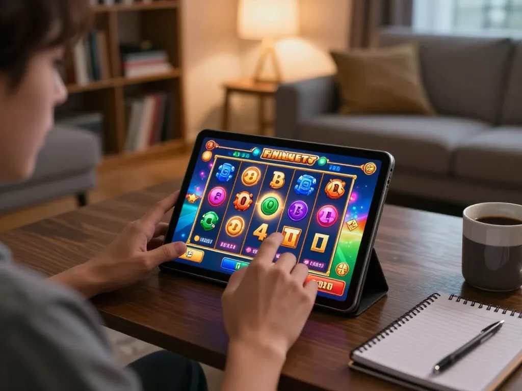 fun79 player engaging with exciting slot game on tablet at home, reflecting strategic and enjoyable online gaming.