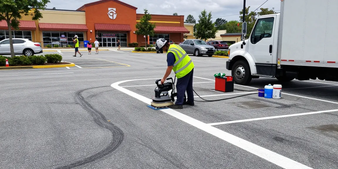 Parking lot restriping in Mobile AL with professional technician applying fresh lines in a busy commercial space.
