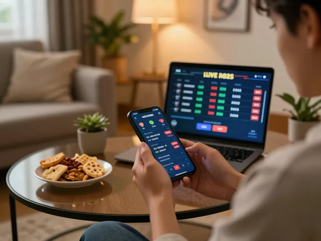 Player using kuwin app for live sports betting, showcasing strategy and excitement in a cozy home atmosphere.