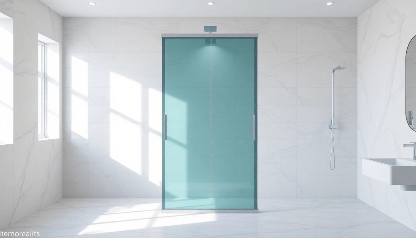 Showcase a stylish shower screen sliding door within a modern bathroom environment.