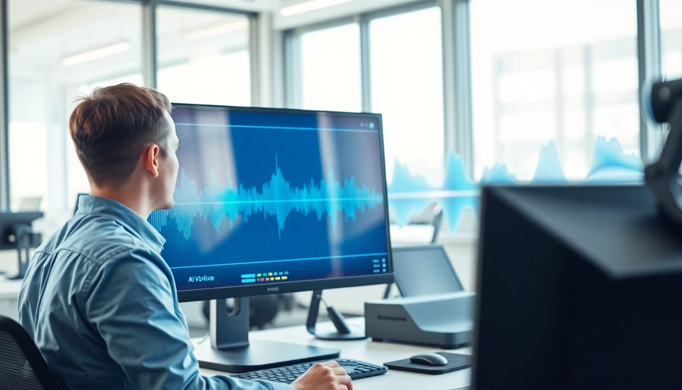 Generate lifelike audio experiences with AI Voice technology showcased in a modern workspace.