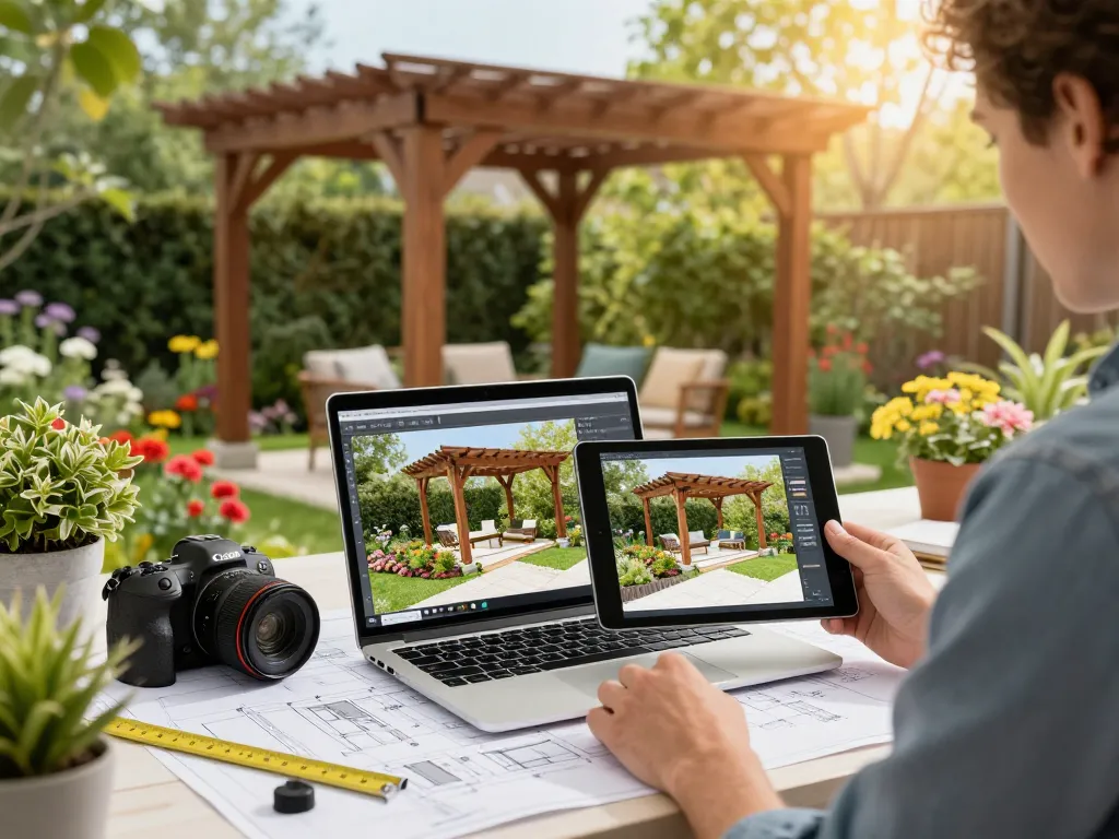 Professionista creativo che progetta con un software configuratore pergole in uno spazio giardino vibrante, mostrando design di pergole personalizzati e pianificazione.