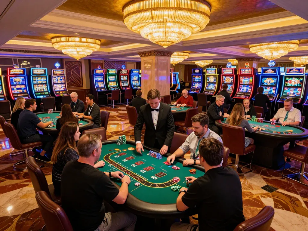 Players enjoying strategic games at Sunwin casino tables with vibrant atmosphere and festive lighting