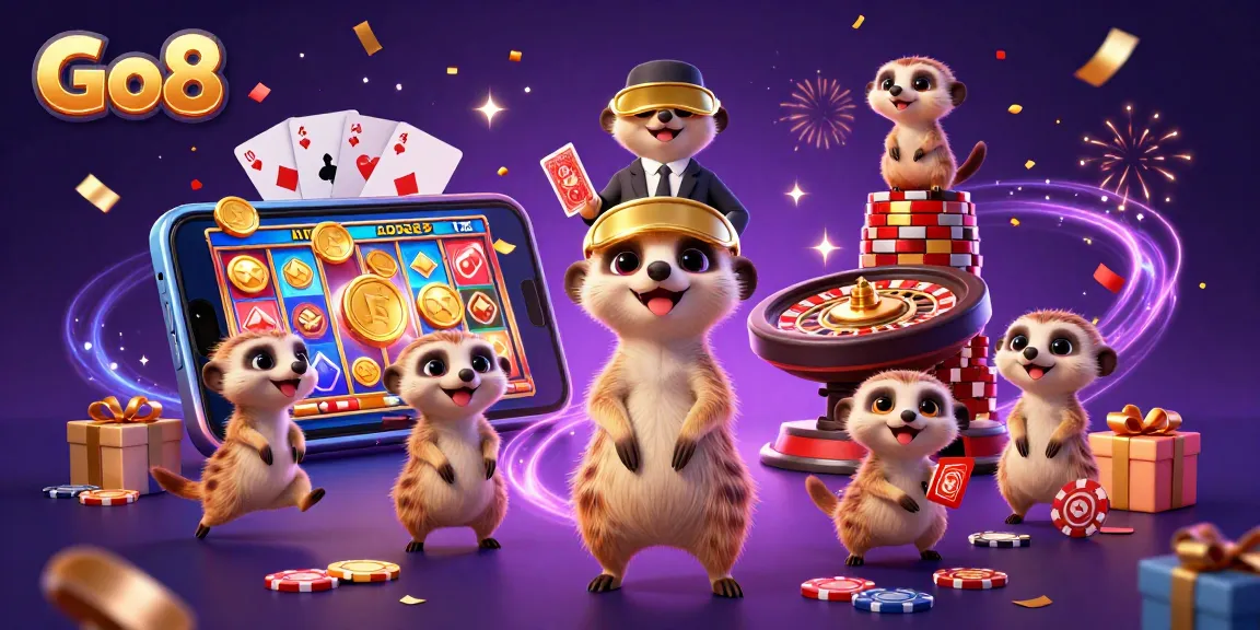 Go8 meerkats orchestrating an exciting casino scene with games, chips, and vibrant confetti.
