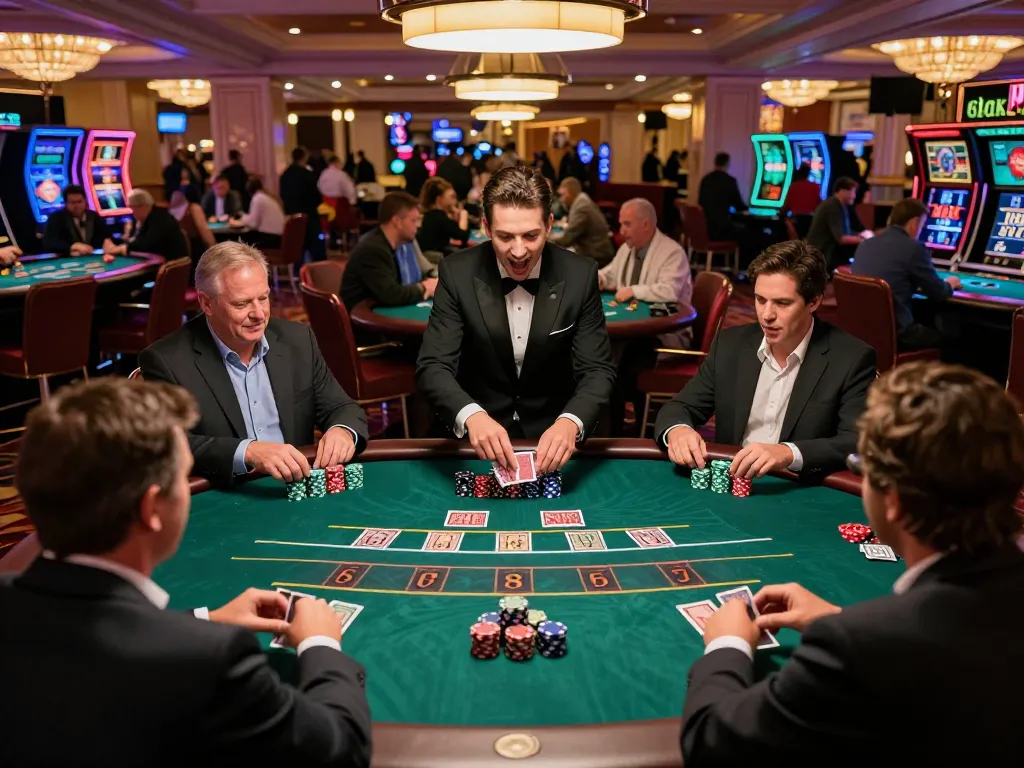 Engaging blackjack session in a lively Las Vegas casino with players focused on DA88 strategy