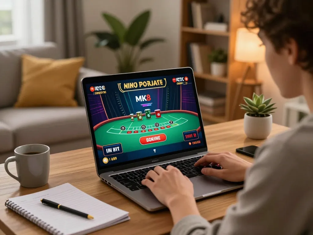 Player engaging with mk8 online casino game on stylish laptop, enjoying a cozy home environment.