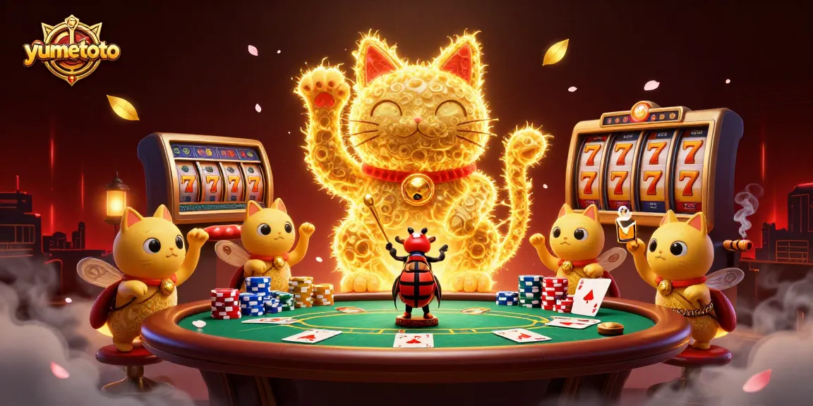 Experience the thrilling world of yumetoto with a vibrant golden lucky cat and dynamic poker elements.