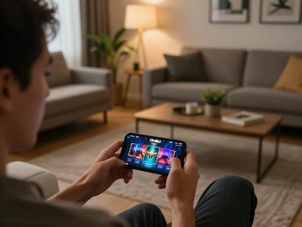 Player enjoying OnBet mobile casino app on smartphone in a cozy living room setting