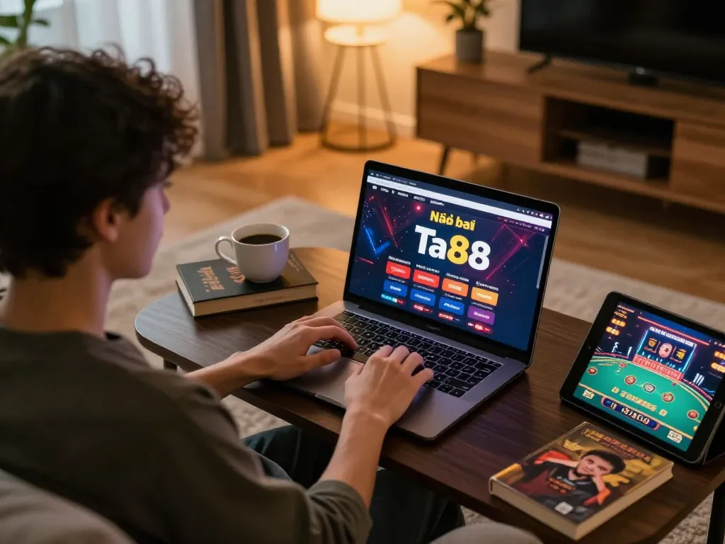 Engaged player using Nhà cái Ta88 for online casino gaming in a cozy living room