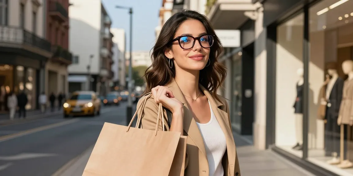 Mulher elegante usando óculos de grau feminino enquanto faz compras em uma rua urbana.
