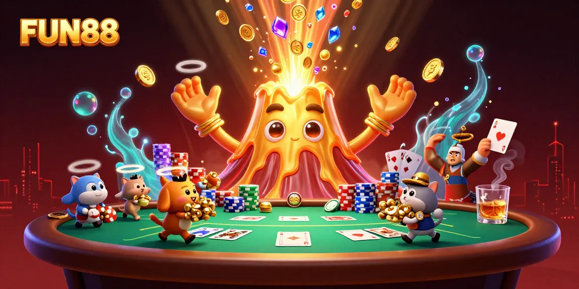 Experience FUN88 with a dynamic casino scene featuring treasures erupting from a golden volcano.