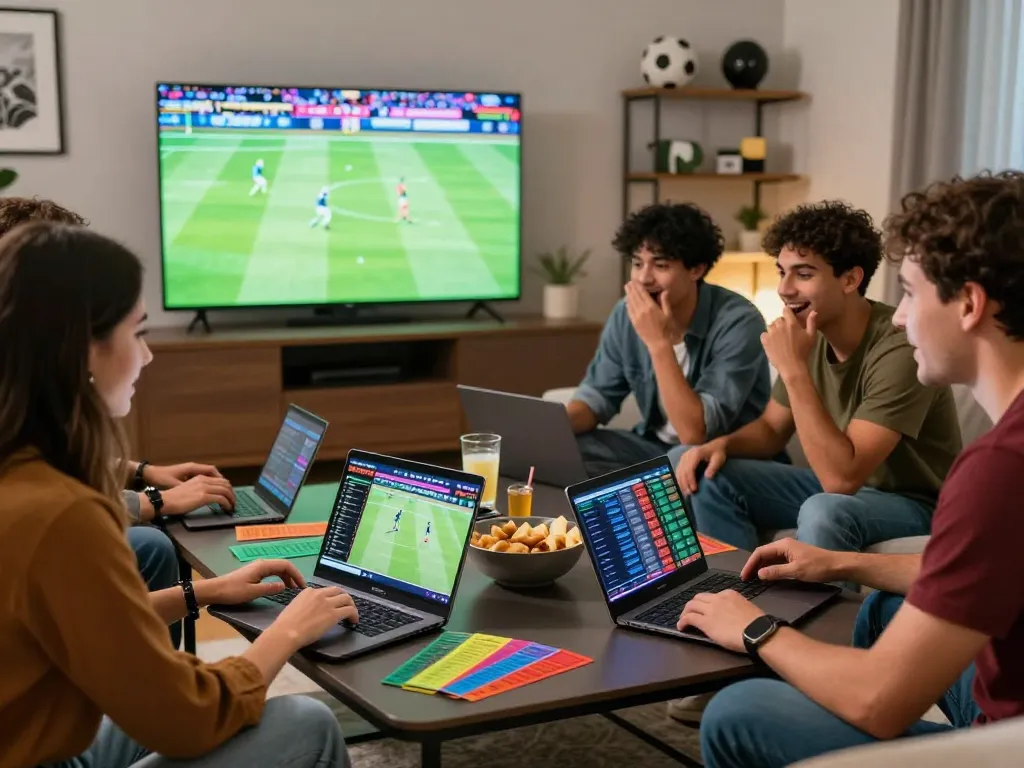 Friends analyzing SBOBET sports betting odds during a live game, enjoying snacks and drinks.