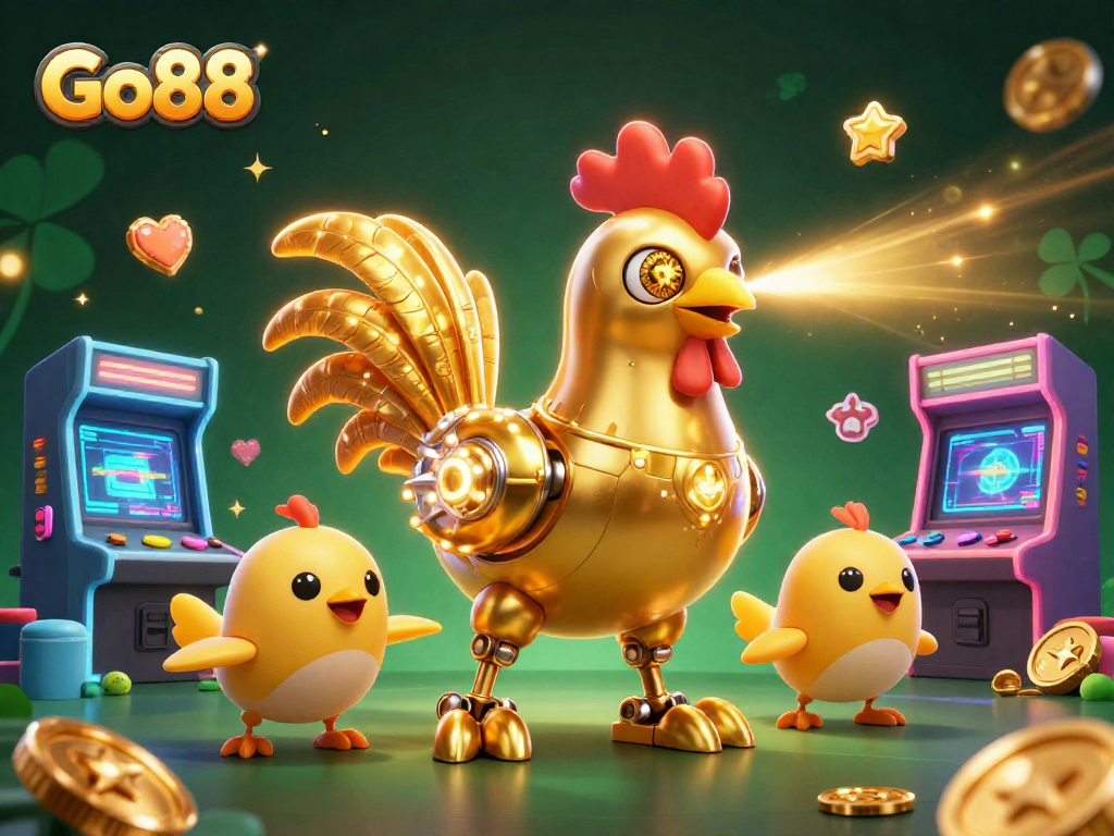 Experience Go88's thrilling gameplay with a vibrant 3D illustration of engaging casino elements.