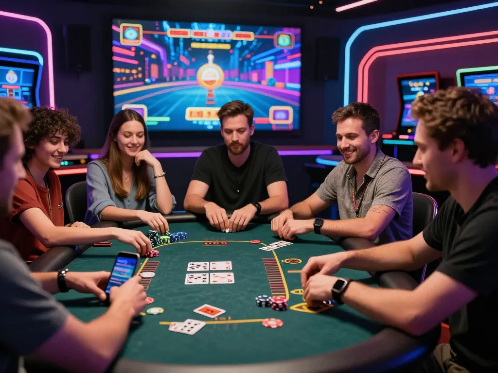 Exciting online gambling scene featuring diverse players enjoying games at https://789clubweb.com/ with vibrant virtual casino background and high-tech devices.