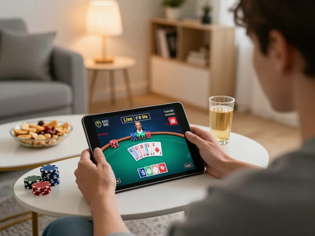 LC88 player enjoying a live poker game on tablet, cozy home setting highlights responsible gambling.