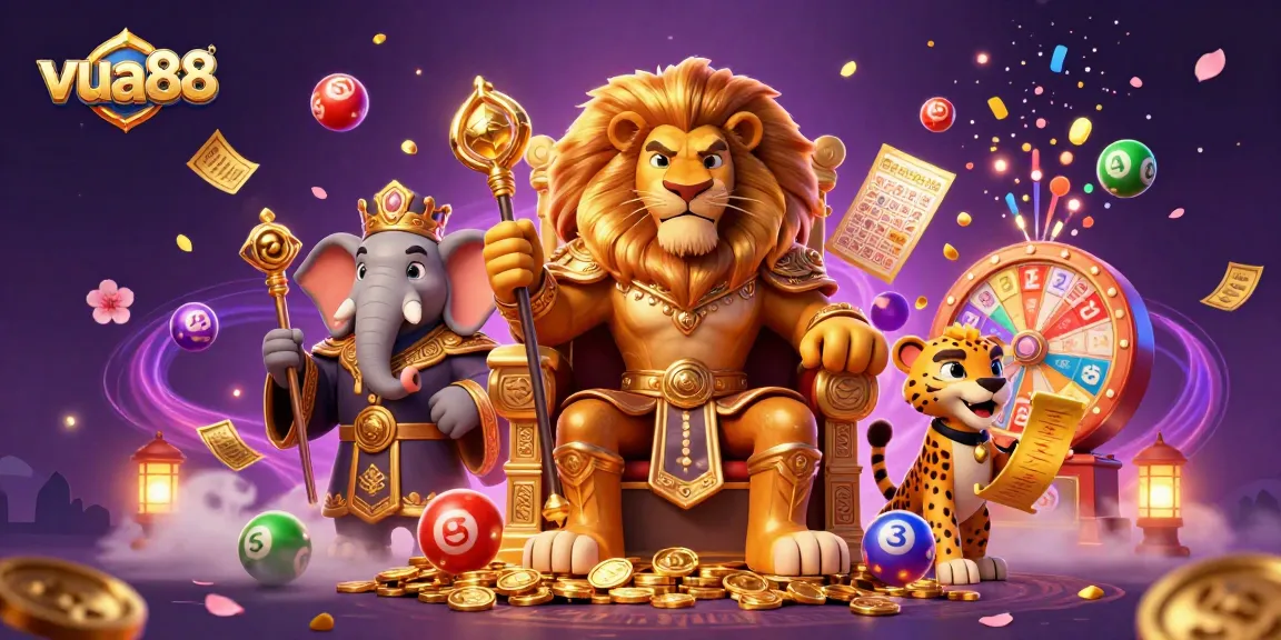 Engage with vua88 in this vibrant 3D illustration showcasing thrilling lottery action and majestic characters.
