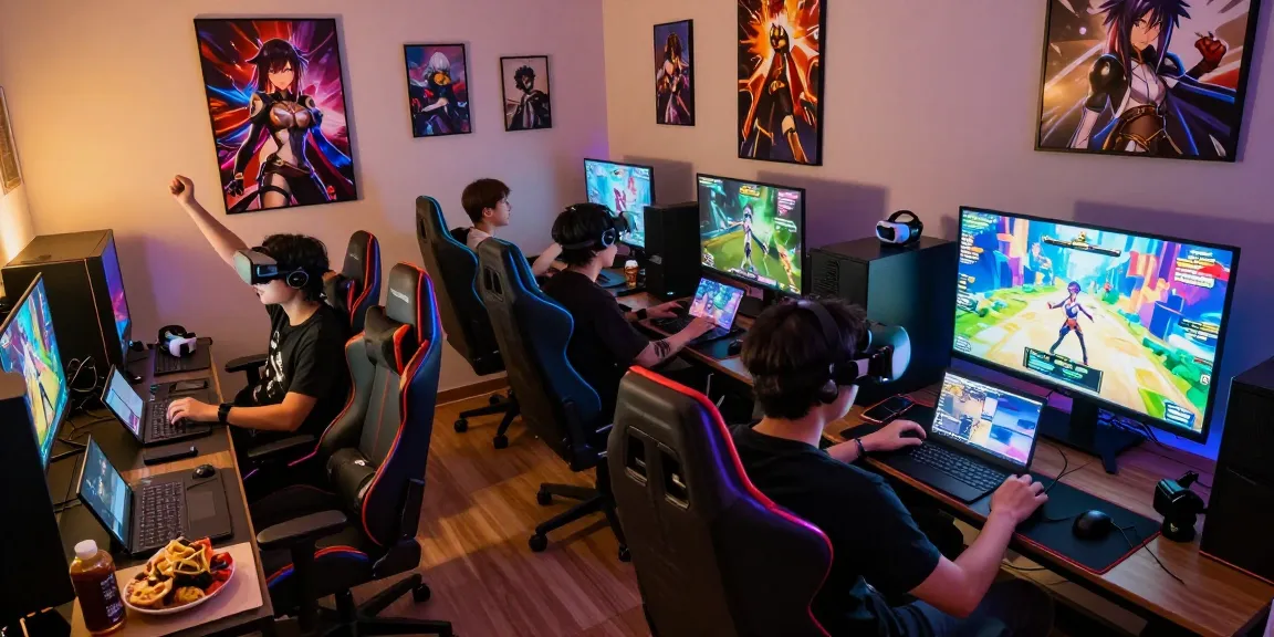 Engaging scene of players enjoying a hentai game with colorful visuals and gaming gear.