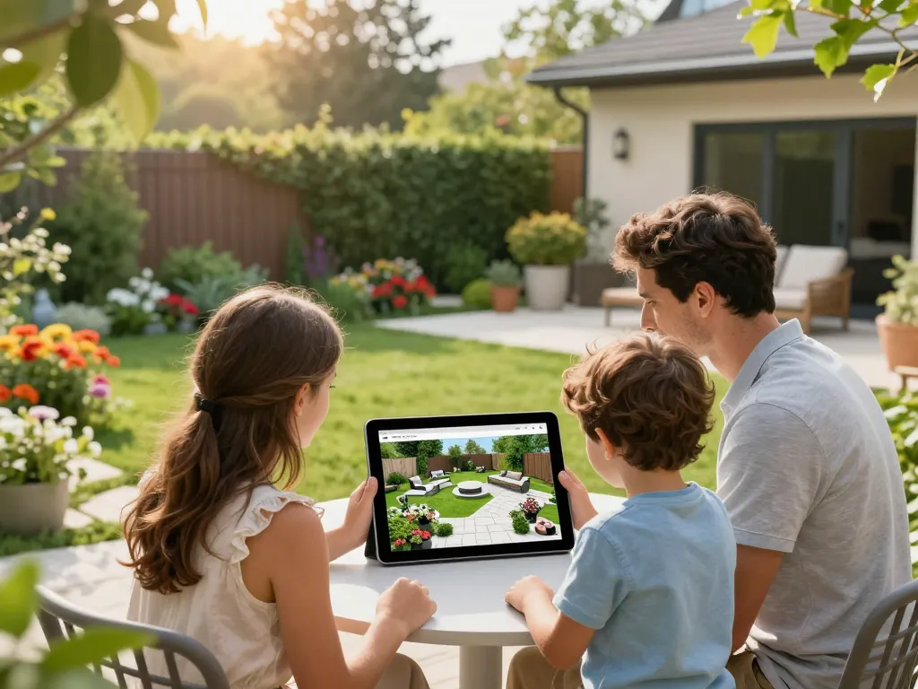 Family using a configuratore 3D outdoor to visualize custom landscaping options in a welcoming backyard.