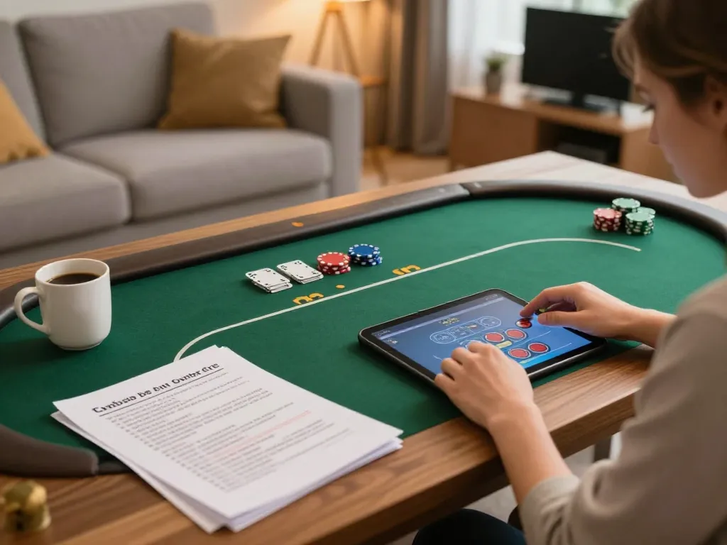 Pemain SBOBET88 menganalisis strategi taruhan di tablet selama sesi poker online di rumah