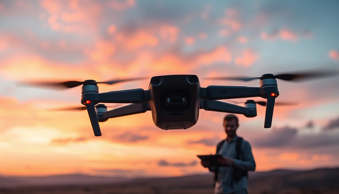 DJI P1 flying over a vibrant landscape, demonstrating its aerial capabilities in sunset.