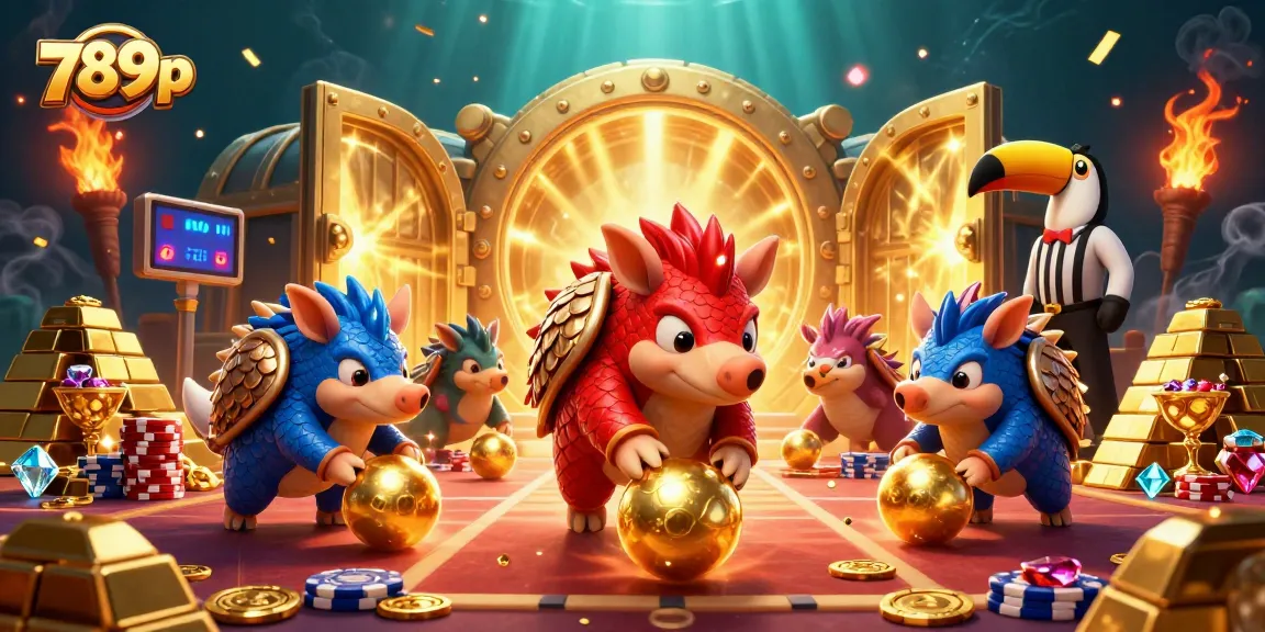 Bowling pangolins and golden balls in a vibrant casino scene illustrating 789p's lively gambling atmosphere.