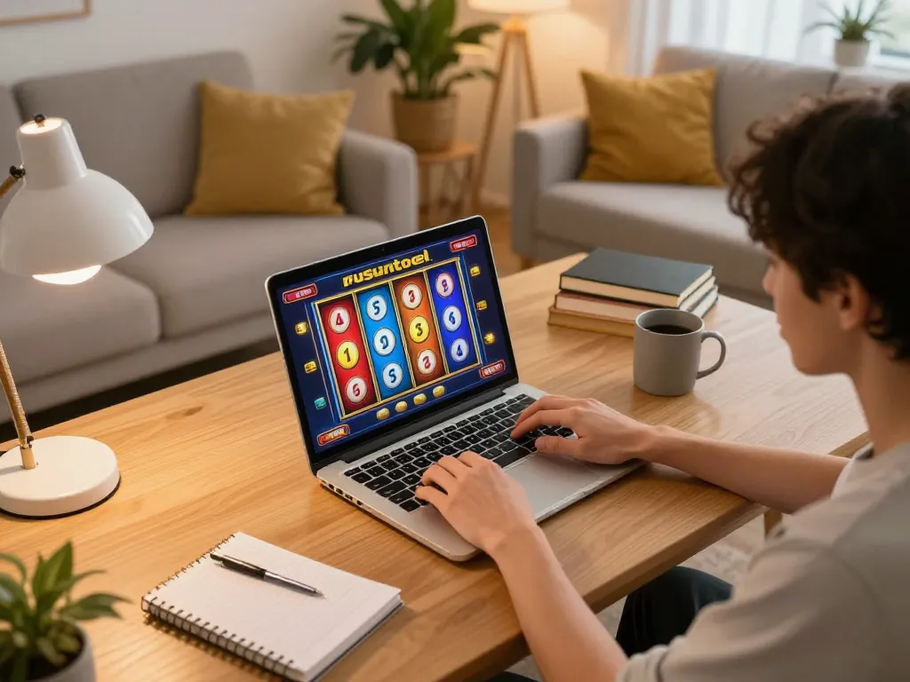 Engaging in rusuntogel slots online from a cozy home gaming setup, showcasing vibrant screen graphics.
