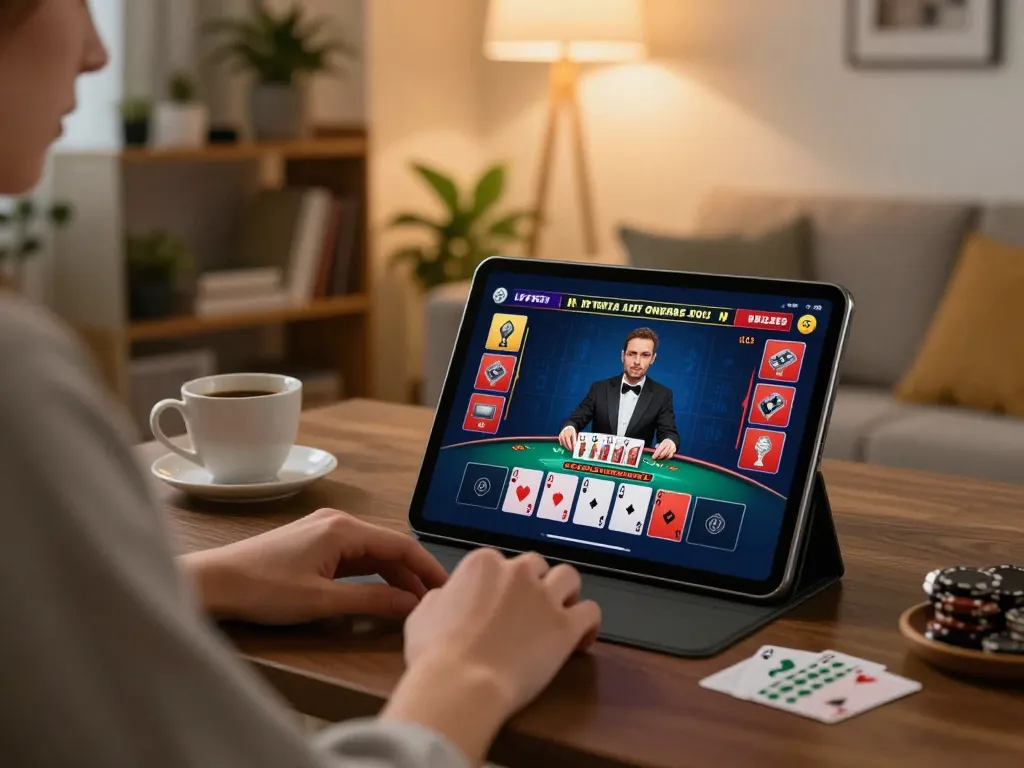 Player enjoying online gambling at Nhà cái Sin88 with live dealer blackjack on tablet.