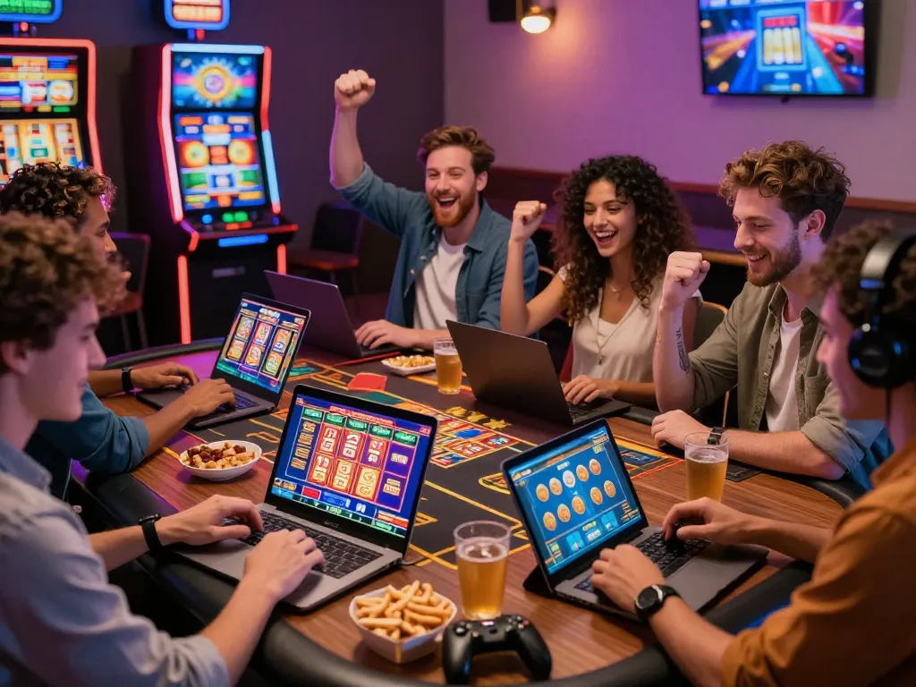 Friends enjoying online gaming at 789 P casino, vibrant atmosphere and modern tech.