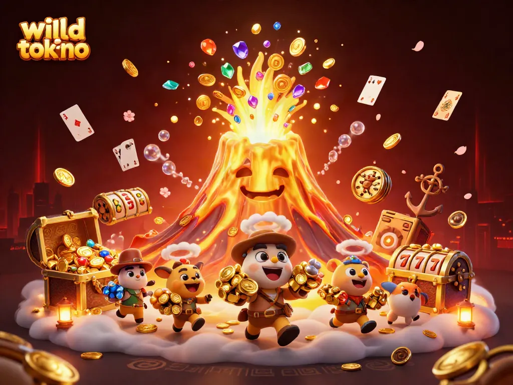 Experience the excitement of wild tokyo casino with vibrant slot reels and treasure in this dynamic illustration.