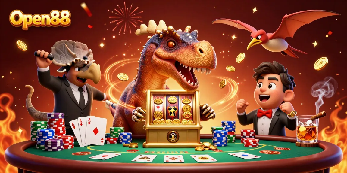 Open88 provides an intense gambling experience with a pachycephalosaurus celebrating jackpot wins.