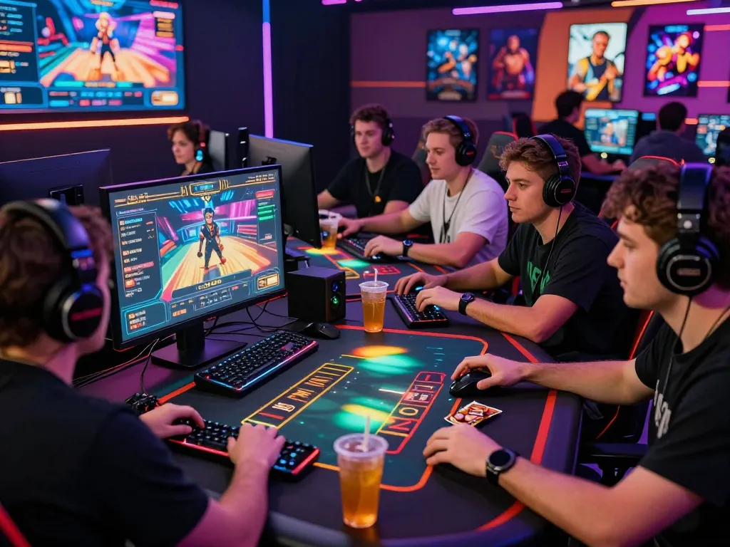 Friends enjoying an online gaming session at https://rikviprent.com, surrounded by gaming gear and exciting visuals.