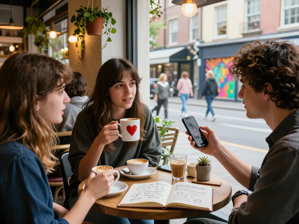 Friends discussing their crush on each other at a cozy café, capturing vibrant urban energy.