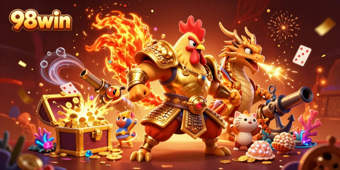 Experience the thrilling action of 98win with an exciting illustration of a fighting rooster, dragon, and casino elements.