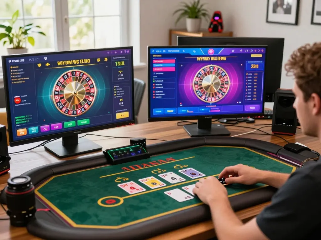 Engaging in live dealer games on the link lc88 platform from a modern workstation, showcasing strategic online gambling.