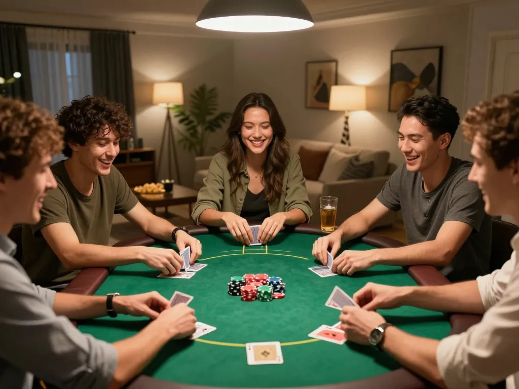 Friends enjoying a lively game night with poker at home, showcasing lc88 strategies and camaraderie.