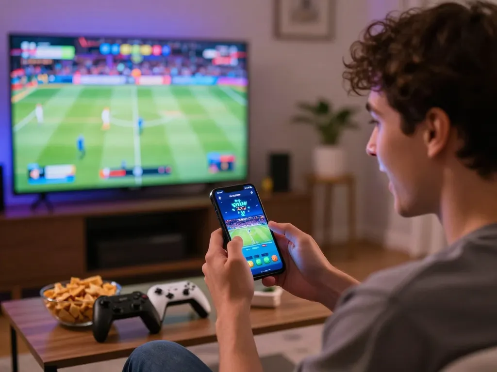 Kwin Mobile user engaged in online gaming on a smartphone, showcasing an exciting atmosphere with colorful graphics and ambient lighting.
