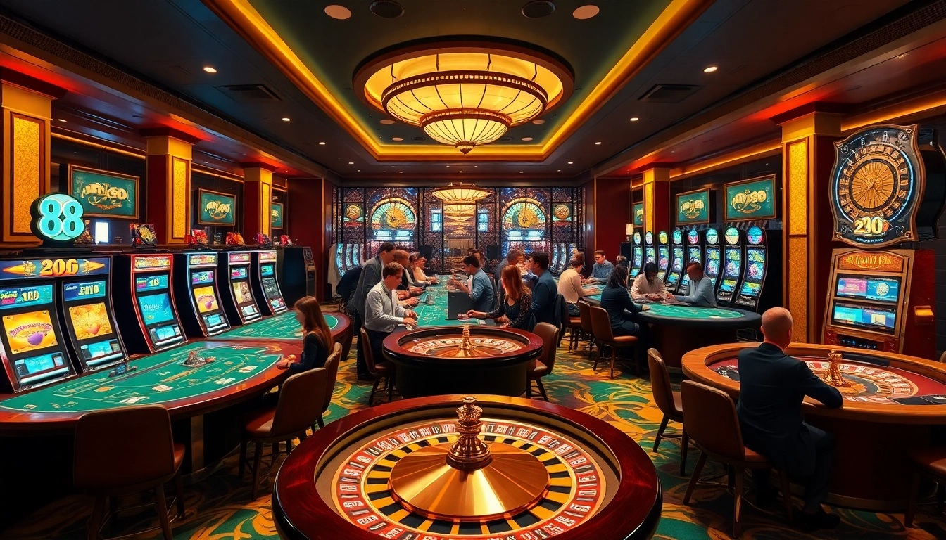 Engage in thrilling casino action at Nhà Cái Jun88 with vibrant slot machines and exciting card tables.