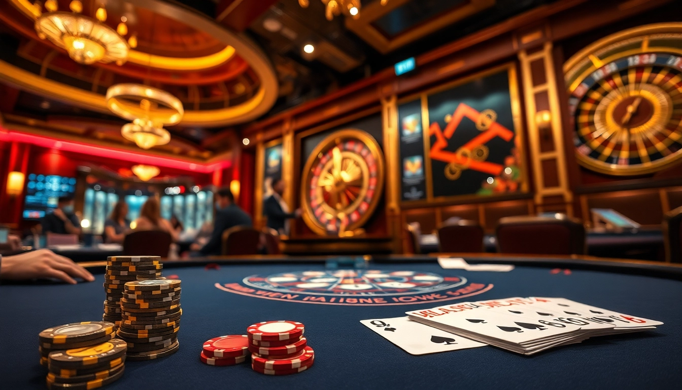 Experience high-stakes blackjack at 98win's luxurious casino setting with vibrant gaming elements.